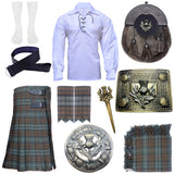 Scottish Kilts For Men - 10 pieces Kilt Set - Tartan Kilt Highland Wear, Leather Sporran Kilt Belt And Buckle, Traditional Kilt Outfit. White Jacobite Ghillie Shirt