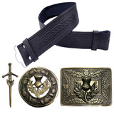 Men's Scottish Kilt Belt with Buckle Antique Finish, Highland Wear & kilt accessories, Kilt Pin-Fly Plaid Brooch 4 piece Set